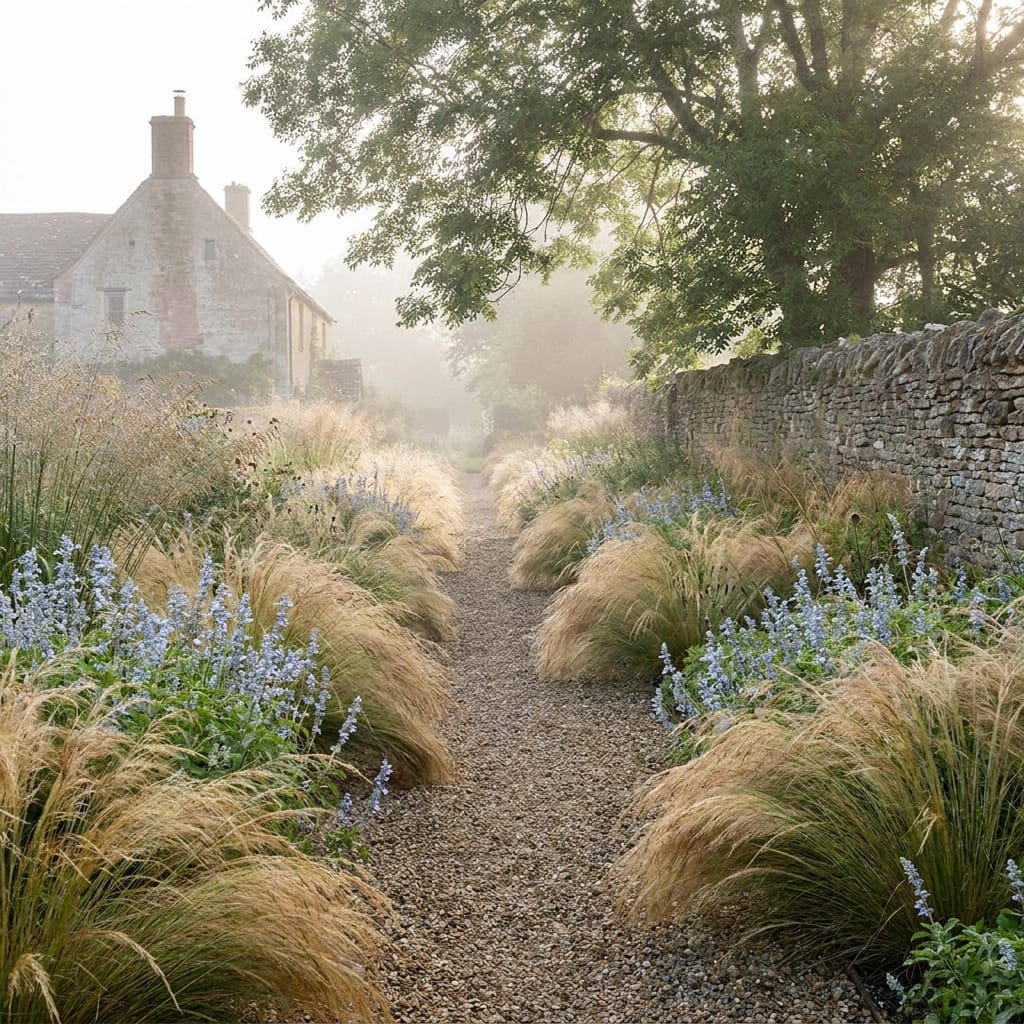 Allée de graminées au petit matin Allée de gravier bordée de graminées stipa et de sauges en fleur, brume matinale, perspective profonde vers une maison de pierre