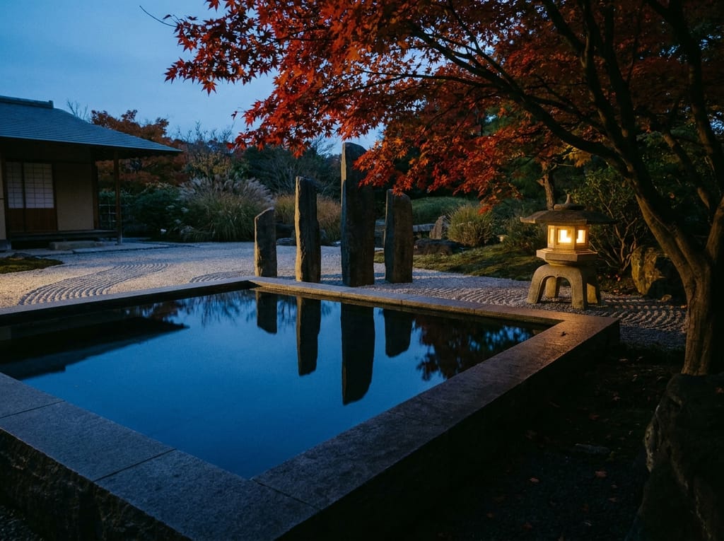 Bassin minéral, jardin japonais Bassin minéral d'un jardin japonais au crépuscule, pierres dressées, érables rouges, eau sombre comme un miroir