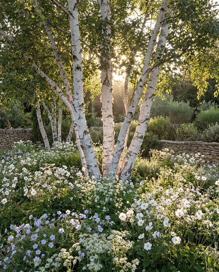 Clos des Bouleaux, Lubéron Clos des Bouleaux dans le Lubéron, bouquet de bouleaux à écorce blanche au-dessus d'un tapis de vivaces blanches et bleues, lumière tamisée