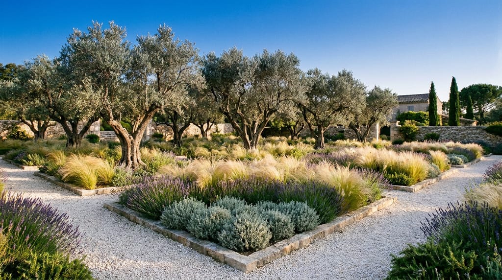 Jardin Aurora, Eygalières Jardin Aurora à Eygalières, oliveraie centenaire, vivaces graphiques en parterres bas, allée de gravier blanc, lumière du sud