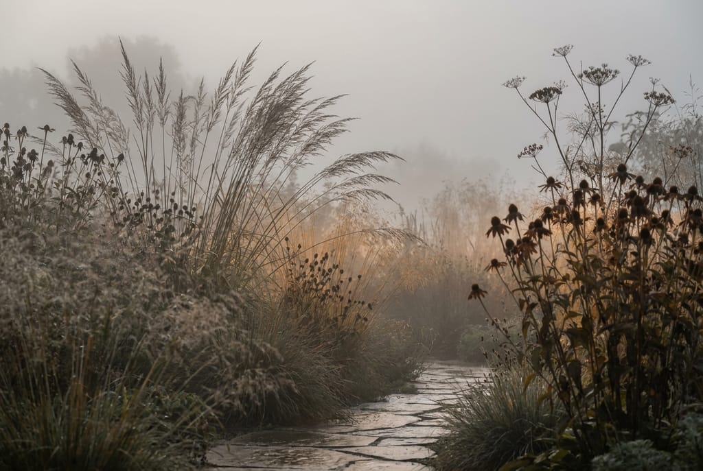 Jardin sous brume matinale Jardin graphique sous brume matinale, graminées hautes en silhouette, allée de pierre, lumière diffuse et sol humide