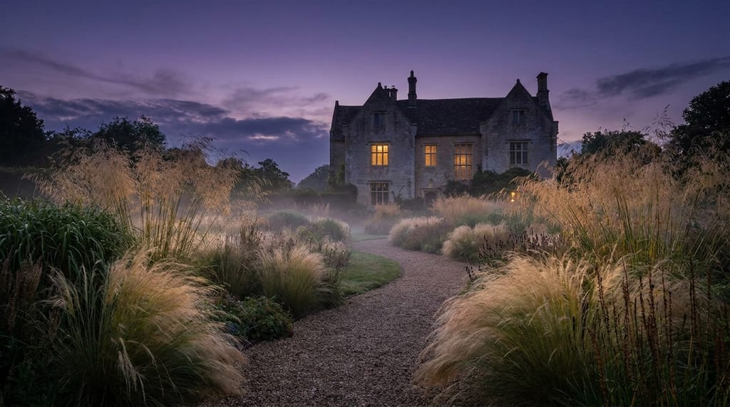 Jardin au crépuscule, projet sur mesure Jardin au crépuscule, allée de gravier bordée de graminées hautes, lumière chaude derrière une maison de pierre, ciel pourpre