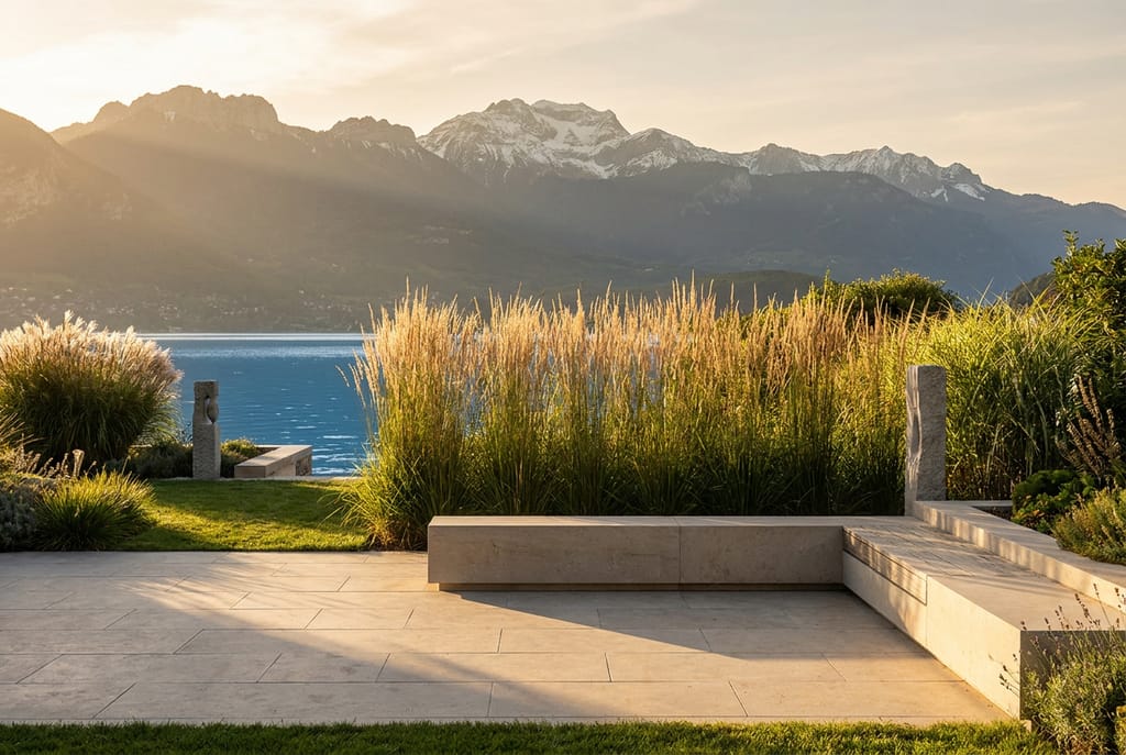 Jardin Lacustre, lac d'Annecy Jardin Lacustre au bord du lac d'Annecy, terrasse en pierre claire ouverte sur l'eau, graminées hautes filtrant la vue, Alpes en arrière-plan
