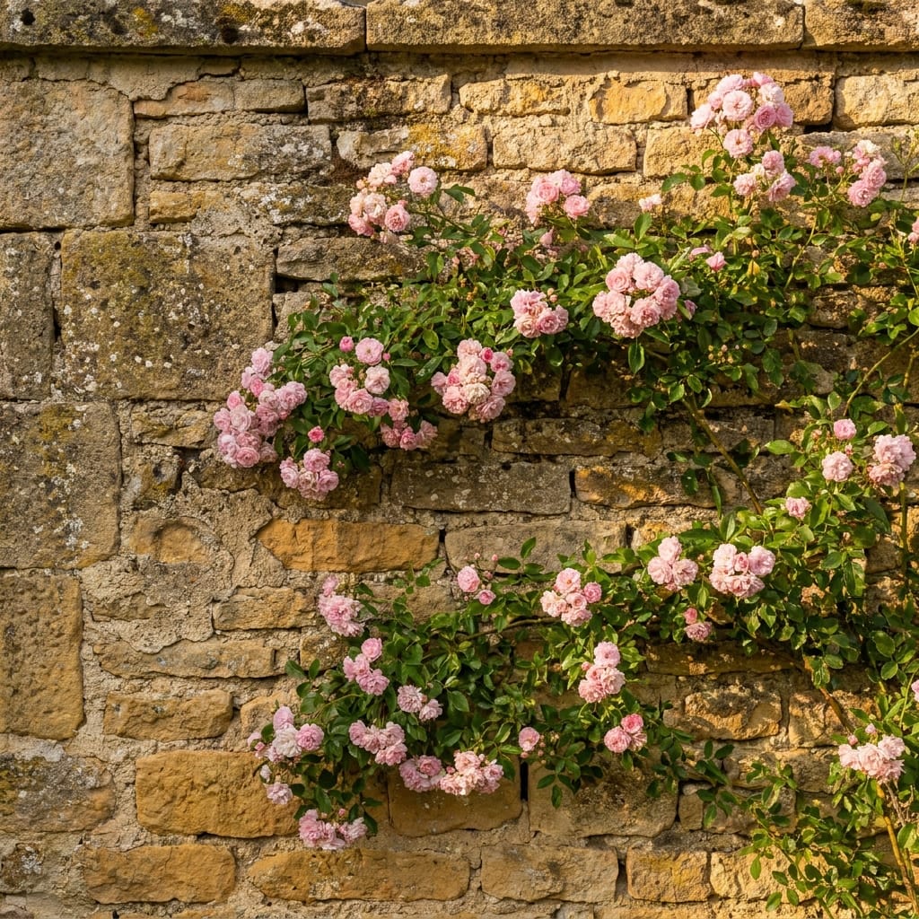 Mur de pierre sèche, rosier ancien Détail de mur de pierre sèche au soleil rasant, rosier ancien grimpant en fleur, lumière de fin de journée