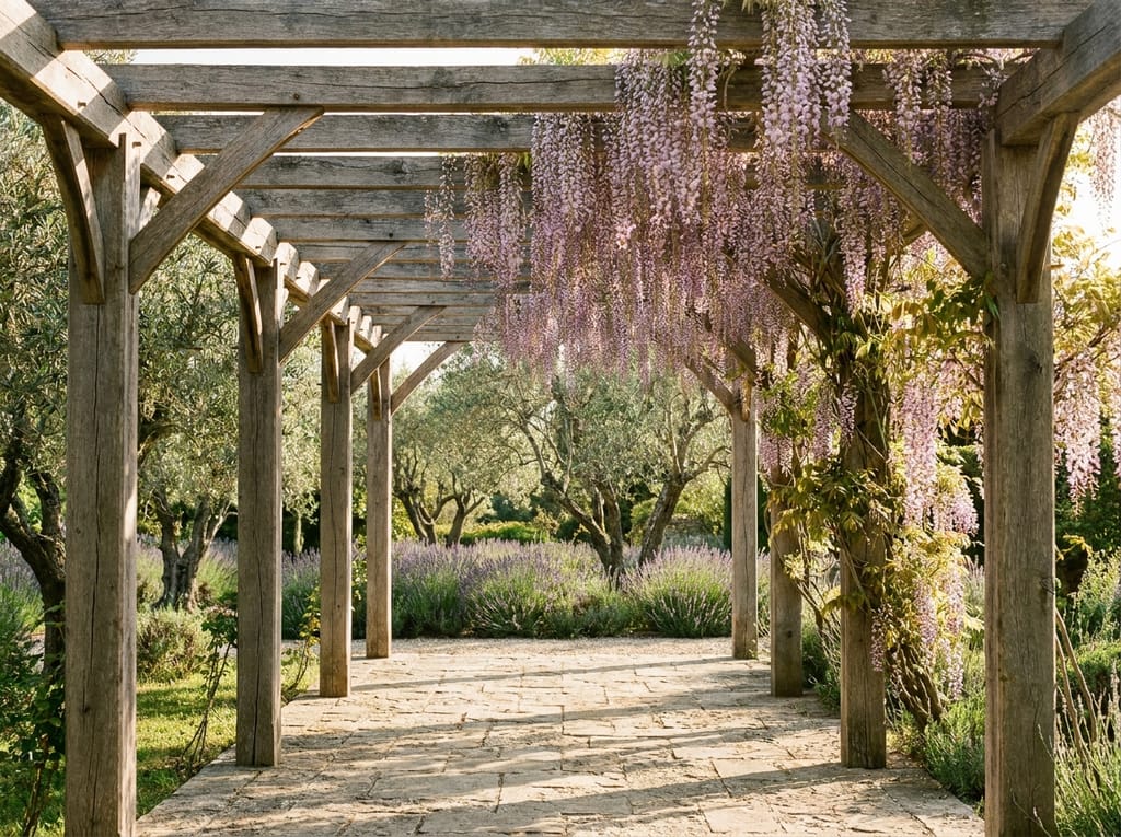 Pergola et glycine en Provence Pergola en bois patiné couverte d'une glycine en fleur dans un jardin de Provence, vue sur oliviers et lavande