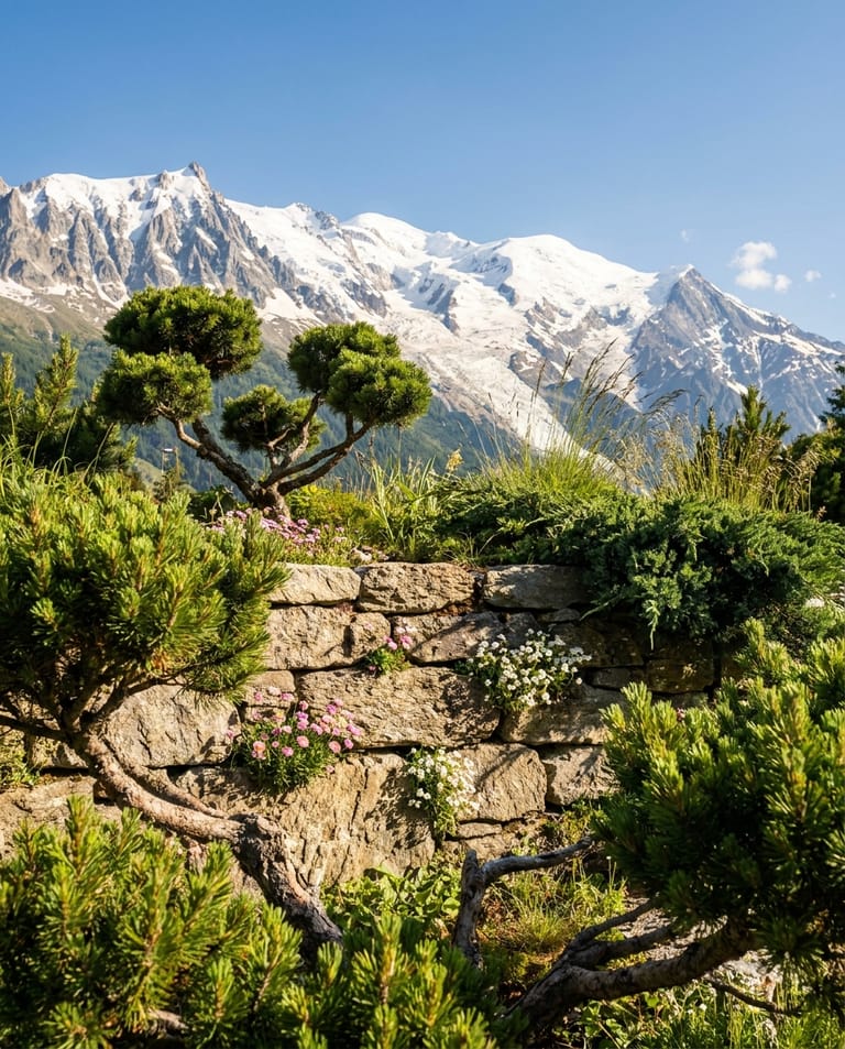Refuge d'Altitude, Chamonix Refuge d'Altitude à Chamonix, conifères taillés en formes naturelles, mur de pierre brute, vue panoramique sur le massif du Mont-Blanc