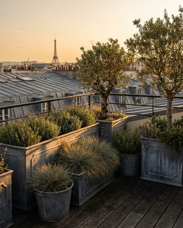 Toit-jardin Marais, Paris IIIᵉ Toit-jardin parisien rue du Marais au coucher de soleil, pots de zinc, vivaces basses, vue sur toits haussmanniens et Tour Eiffel à l'horizon